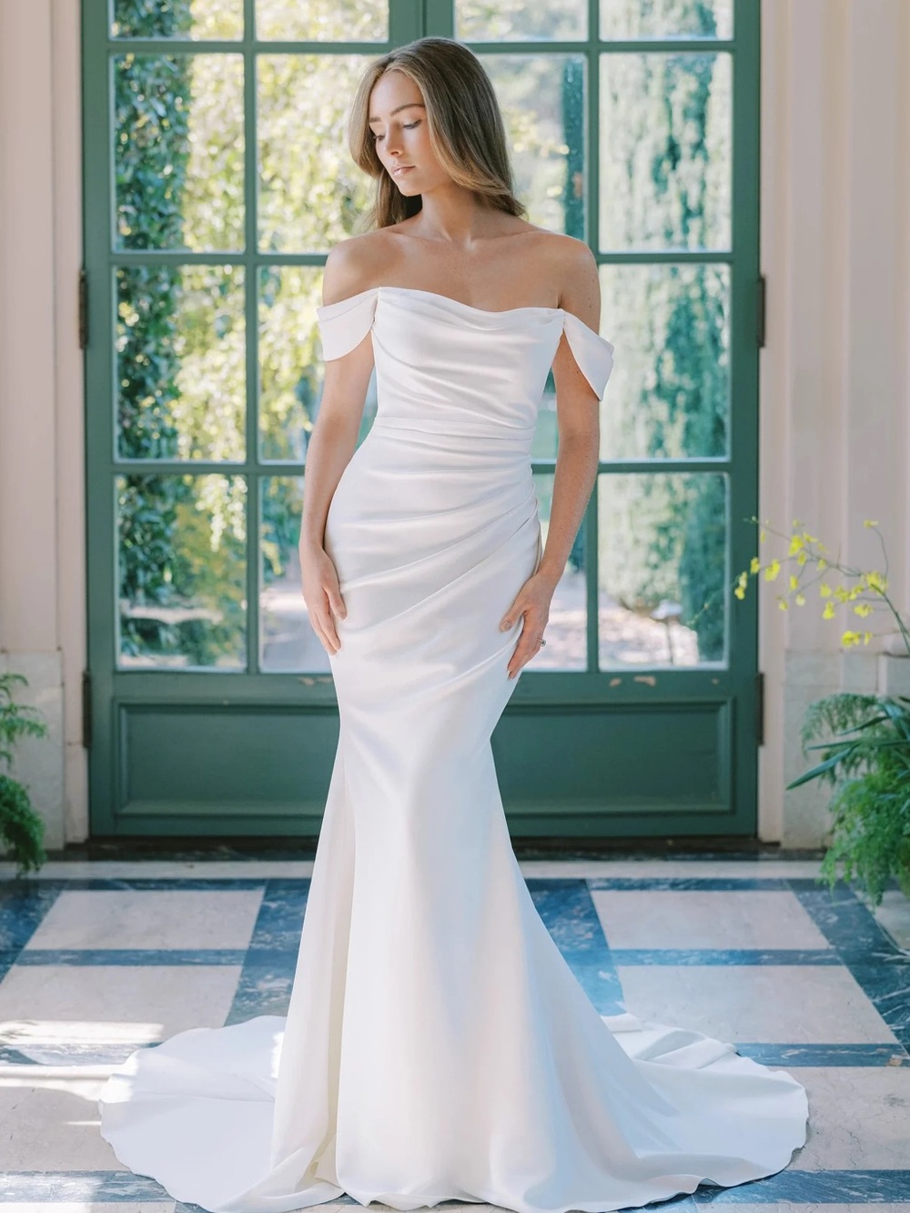 Anne Barge Naomi Dress …Elegant Off-Shoulder White Satin Mermaid Wedding Dress